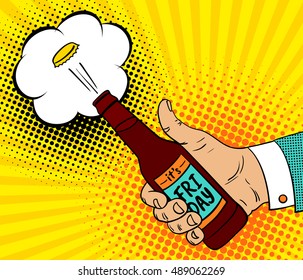 It's friday! Pop art background with male hand with thumb up holding a beer bottle with a cork flying out. Vector colorful hand drawn illustration in retro comic style.