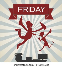 It's Friday! Silhouetted of happy business people enjoying weekend at office. Vector illustration. 