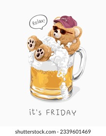 it's Friday slogan with bear doll in beer mug with foam vector illustration