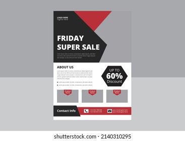 Friday Super Sale Flyer Template Design. Black Friday Sale Promotion with Sample Product. Black Friday Night Vacations flyer design. Cover, A4 paper size, Flyer design.