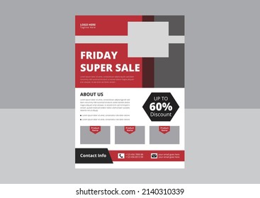 Friday Super Sale Flyer Template Design. Black Friday Sale Promotion with Sample Product. Black Friday Night Vacations flyer design. Cover, A4 paper size, Flyer design.