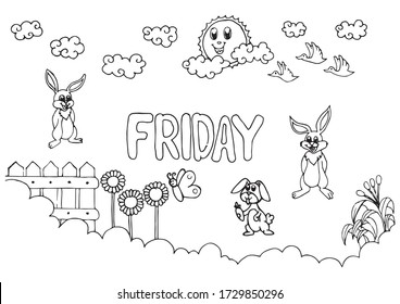 Friday text and nature. Cartoon set for planner design. Coloring page.