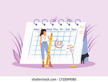 Friday thirteenth flat concept vector illustration. Young superstitious woman with calendar and black cat 2D cartoon characters for web design. Common superstition, unfortunate date creative idea