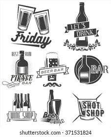 Friday is time to drink. Vector set of weekend party labels in vintage style. Badges, emblems and isolated logos for shop design. Shots, bottles and glasses