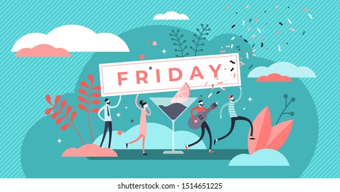 Friday vector illustration. Flat tiny last work week day persons concept. Happy holiday celebration with alcohol drinks, festive mood and cheerful atmosphere. Drunk office colleagues entertainment.