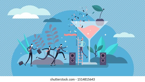 Friday vector illustration. Flat tiny hurry from work to party person concept. Happy holiday celebration with alcohol drink, festive mood and cheerful atmosphere. Drunk office colleagues entertainment