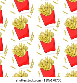 Friday vector modern illustration. Cool french friyes pattern. Good for poster, tshirt print, case cover. Weekend tasty potatoes  with red package of takeaway fast food. Modern inspiration.