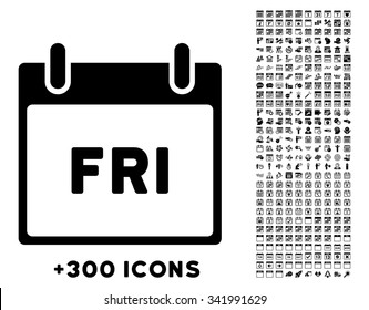 Friday vector pictogram with additional 300 date and time management icons. Style is flat symbols, black color, rounded angles, white background.