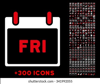 Friday vector pictogram with additional 300 date and time management icons. Style is bicolor flat symbols, red and white colors, rounded angles, black background.