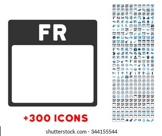 Friday vector pictogram with additional 300 date and time management icons. Style is bicolor flat symbols, blue and gray colors, rounded angles, white background.