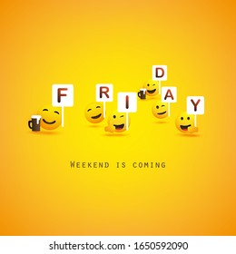 Friday! - Weekend's Coming Banner With Winking and Smiling Emoticons