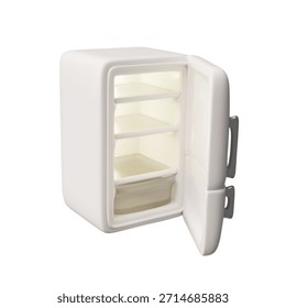ícone de vetor de estilo plástico 3D fridge cartoon. Superfície branca eletrodoméstico vazio cozinha aparelho elétrico, armazenamento de alimentos frios. Frigorífico congelador de dispositivo elétrico com duas portas abertas isoladas