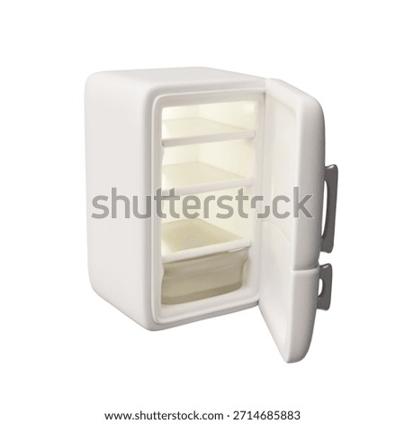 Fridge 3D cartoon plastic style vector icon. White surface empty household kitchen electric appliance, cold food storage. Refrigerator electrical device freezer with open two doors isolated