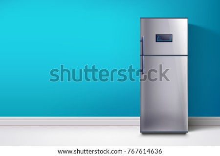 fridge at blue wall