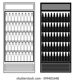Fridge with bottles of beer. Outline and silhouettes bottles beer on white background. Isolated graphic vector illustration icon in flat style.