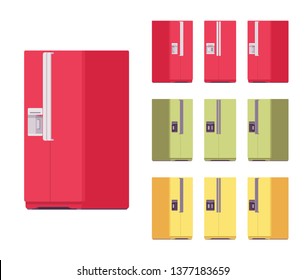 Fridge bright set, kitchen equipment. Refrigerator to keep cool, appliance to store food and drink fresh. Vector flat style cartoon illustration isolated on white background, different views, colors