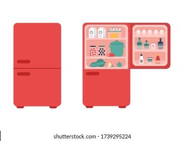 Fridge bright set, kitchen equipment. 
Indoor and outdoor fridge with food. Refrigerator to keep cool, appliance to store food and drink fresh. Vector flat style cartoon illustration.