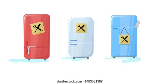 Fridge broken set with water flowing out. Freezer stoped working. A bit smoke from internally. Refrigerator.Sign board with maintenance icons. Need in service to fix. Vector illustration in cartoon