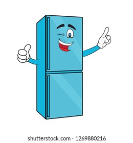 Fridge cartoon with face and hands winking and giving Thumbs Up pointing finger to something