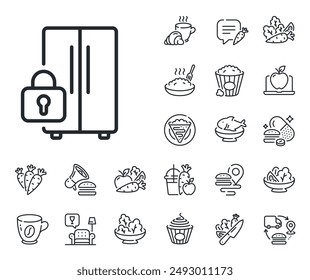 Fridge child lock sign. Crepe, sweet popcorn and salad outline icons. Refrigerator locked line icon. Freezer storage symbol. Refrigerator line sign. Pasta spaghetti, fresh juice icon. Vector