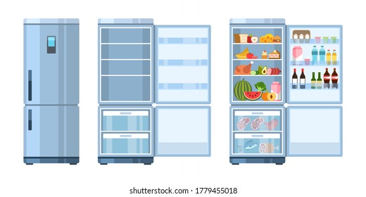 Fridge. Closed and open, empty and refrigerator with products, healthy food, water and milk, fruit and vegetable, alcohol and meat, flat cartoon vector kitchen concept