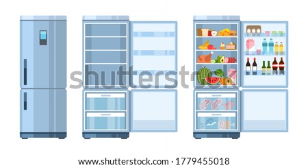 Fridge. Closed and open, empty and refrigerator with products, healthy food, water and milk, fruit and vegetable, alcohol and meat, flat cartoon vector kitchen concept