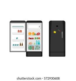 Fridge closed and open with food in flat style.