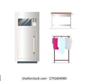 Fridge and clothes rack flat color vector objects set. Women wear. Wardrobe. Refrigerator. Freezer. isolated cartoon illustration for web graphic design and animation collection