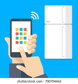 Fridge controlled via smartphone with wifi. White refrigerator and mobile phone with remote control app. Internet of things concept. Hand holding cellphone, finger touching screen. Vector illustration