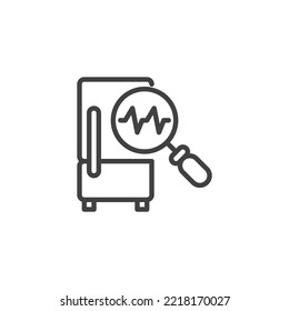 Icono de la línea de diagnóstico de la nevera. signo de estilo lineal para concepto móvil y diseño web. Icono vectorial del contorno de la lupa y del refrigerador. Símbolo, ilustración del logotipo. Gráficos vectoriales