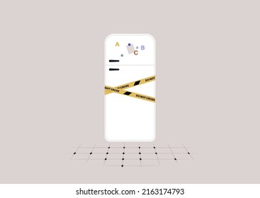 A fridge door with a yellow do not cross tape on it, a strict diet concept