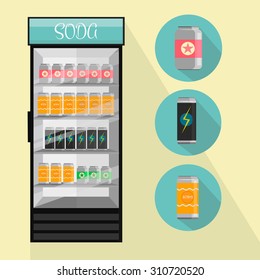 Fridge Drink With Drinks In Cans - Vector Illustration Isolated 