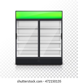 Fridge for drink with glass door and green lightbox, on a transparent background. Mock-up or template for your design and advertising message