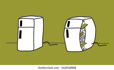 Fridge empty and full of food. Cartoon vector illustration.
