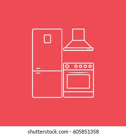 Fridge Exhaust Hood And Stove With Oven Line Icon On Red Background