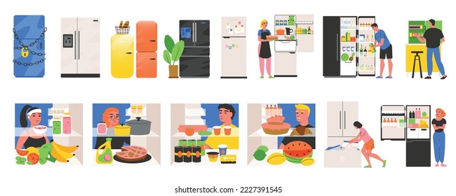 Fridge flat color set of people cooking in home kitchen using products storing in refrigeration cabinets isolated vector illustration