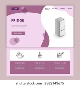 Flat-Landing-Page Website-Vorlage für Kühlschrank. Mixer-Schleifmaschine, Kochhaube, Druckkochmaschine. Webbanner mit Header, Inhalt und Fußzeile. Vektorgrafik.