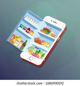 Fridge with food in a smartphone. Concept for grocery delivery, online ordering of food with smartphone or smart fridge application. Vector illustration