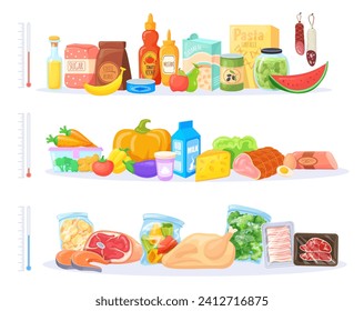 Fridge food storage. Products refrigeration temperature inside fridge or kitchen freezer, freshness foods refrigerator shelf, cold cool meat fish cartoon vector illustration of refrigerator storage