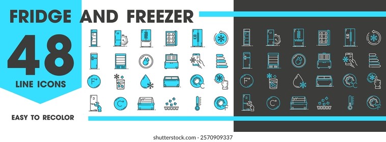 Fridge and freezer icons of food storage and refrigerator pictograms in vector line. Kitchen fridge and ice freezer of food and wine cooler, temperature buttons and refrigerator mode remote control