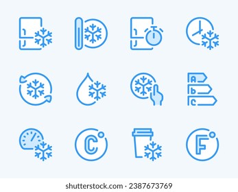 Fridge and Freezer vector line icons. Freezing and Refrigeration and outline icon set. Refrigerator, Defrosting, Temperature, Celsius, Cooling, Quality Level, Fahrenheit and more.