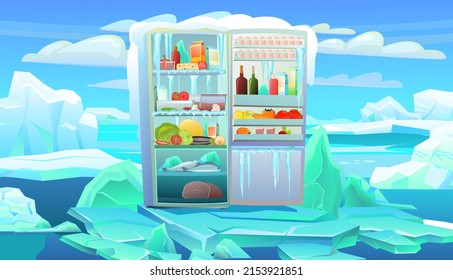 Fridge. Frost and ice icicles. Severe freezing. Ice landscape in arctic antarctic with icebergs. Very cold. Lots of food and prepared foods. Illustration is isolated on white background. Vector