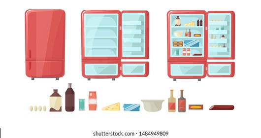 Fridge Full Of Food. Empty And Closed Refrigerator Set. Open Cooler. Vector Illustration In Cartoon Style.