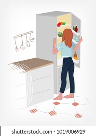 fridge girl character diet vector illustration