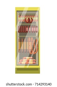 Fridge with glass door full of sausages isolated illustration