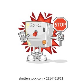 The Fridge Holding Stop Sign. Cartoon Mascot Vector