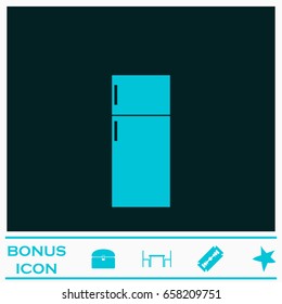 Fridge icon flat. Blue pictogram on dark background. Vector illustration symbol and bonus icons
