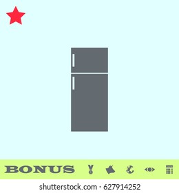 Fridge icon flat. Grey pictogram on blue background. Vector illustration symbol and bonus buttons medal, cow, earth, eye, calculator