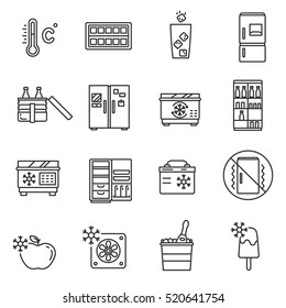 Fridge icon set. Cooling products, thin line design. Refrigerators for storing frozen products, linear symbols collection. Icons on cooling, isolated vector illustration.
