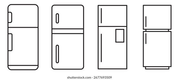 Conjunto de Vector de icono de nevera. Icono del refrigerador, logotipo del Vector. Silueta del refrigerador, símbolo del refrigerador y muestra. Equipo Electrónica Ilustración vectorial de nevera.